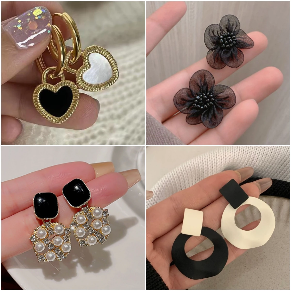 Trendy Black Statement Earrings for Women Enamel Oil Pearl Crystal Square Heart Flower Round Circle Asymmetric Geometry Gift