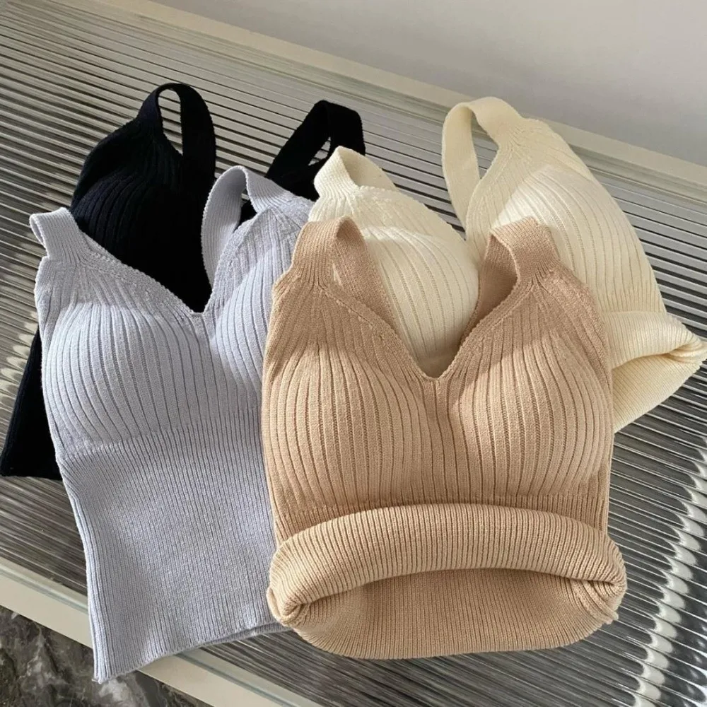 V-Neck Design Thermal Underwear Vest One-Piece Cup Heat-Generating Knitted Wool Vest Thickened Warm Chest Pad