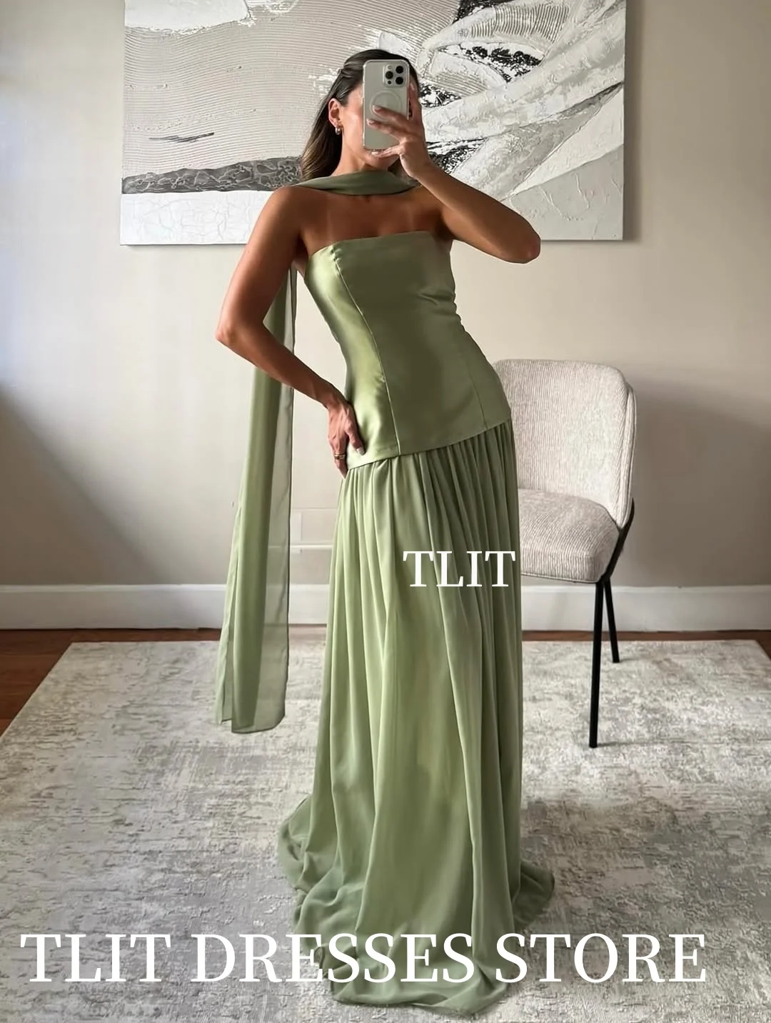 TLIT elegante vestido de noche de gasa satinada verde árabe sin tirantes vestido de fiesta de boda mujeres vestidos de graduación sin tirantes personalizados