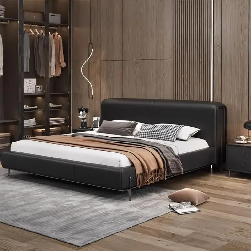 Italian minimalist big black cow full leather bed high-end wedding bed master bedroom designer 1.8 meters double bed