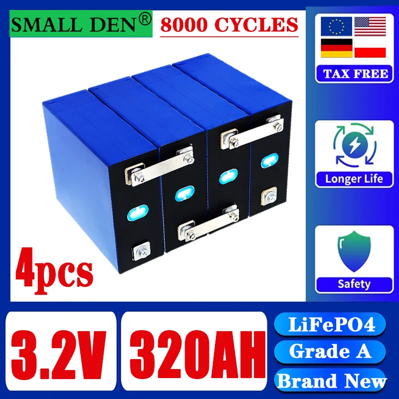 4 buah baterai isi ulang LiFePO4 Tingkat A 3.2V 320Ah DIY12V 24V cocok untuk troli golf, yachts, sistem energi surya bebas pajak