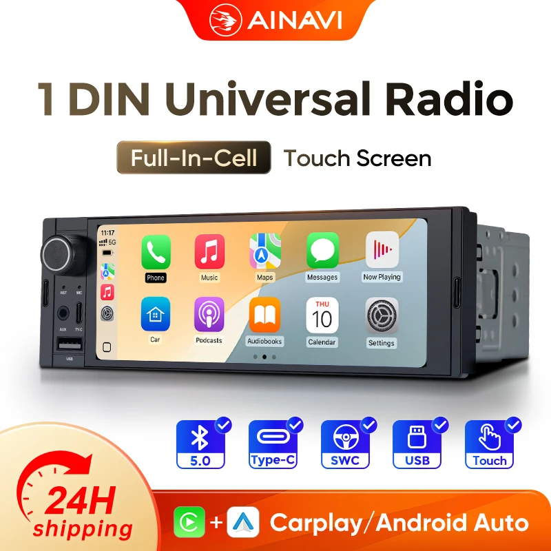 Ainavi K40 K50 Autoradio Universale 1Din con Schermo Touch IPS da 6,36 Pollici, Radio MP5 Multimediale, Carplay Wireless, Android Auto Opzionale, Telecamera Posteriore, Microfono, USB, BT5.0, Type-C