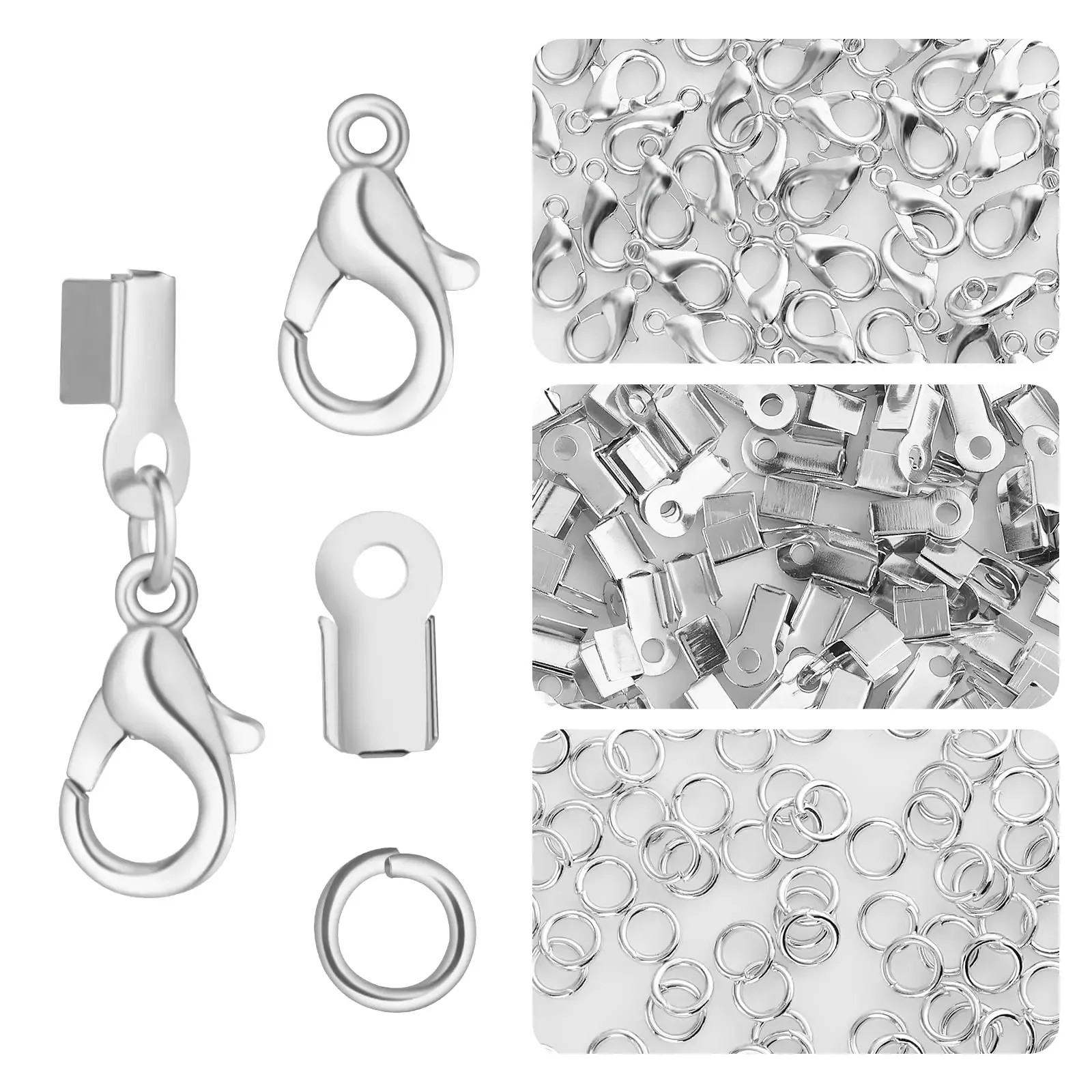 

450pcs Include 200 Fold Over Cord End Caps Crimp End Tips 200 Jump Ring Connectors and 50 Lobster Claw Clasps for Jewelry Making