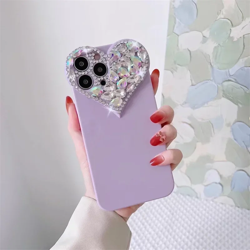 Funda protectora de teléfono con lente de diamantes de imitación de corazón de amor para IPhone 17 16 15 14 13 12 11 Pro Xs Max TPU cubierta trasera a prueba de golpes
