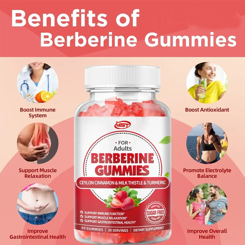 Berberine contains Ceylon cinnamon gummies - used for immune health, metabolism, sugar free strawberry flavor, 60 gummies