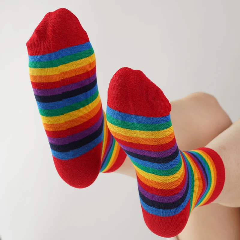 Women Cotton Red Pink Rainbow Color Striped Novelty Fashion Socks Young Funny Street Sock Japan Korea Style Comfortable Socks