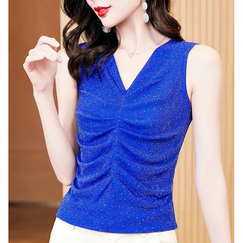 

Elegant V-Neck Diamonds Folds Bright Silk Gauze Blouses Women Clothing 2025 Summer New Slim Chic Tops Chic Sleeveless Shirts