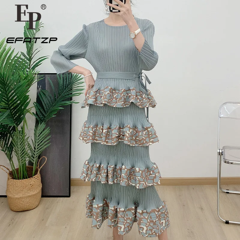 

Leopard Printed Patchwork O-Neck Dresses Elegant Women's Clothing 2024 Spring New Pleated Dress