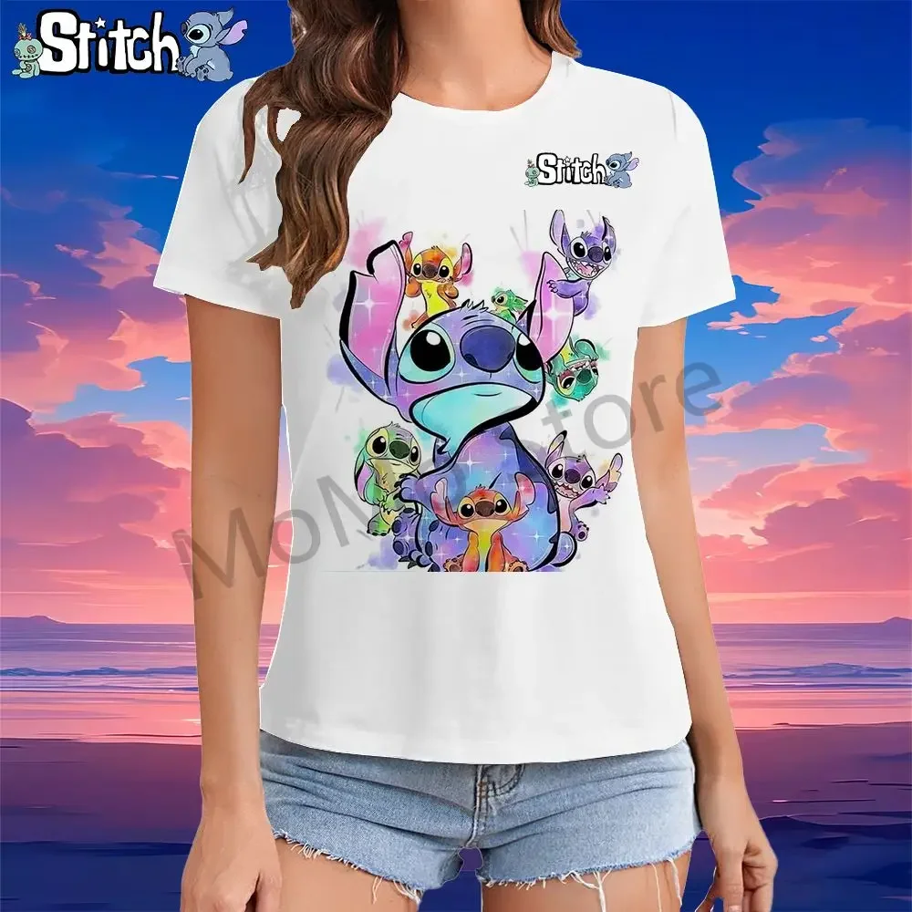 Girls' T-shirt Disney Stitch Kawaii 100-6XL Summer Short Sleeve Street Wear Y2K Ladies Fashion 2024 O Neck Female Clothing Tops