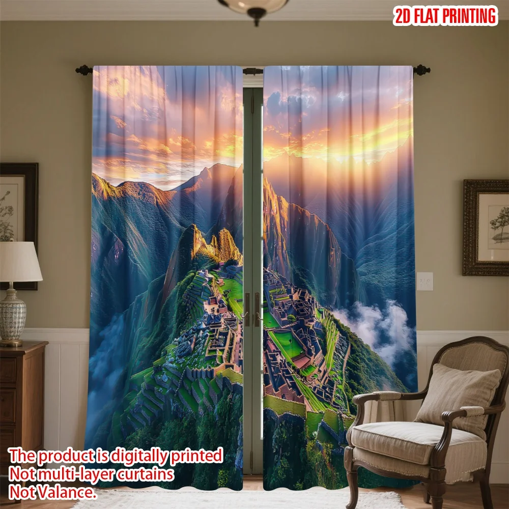 

2D flat printing 2pcs Drapes Sunlit Mountain Citadel Digital Printed Polyester Drapes Party Decorations Use for Festive