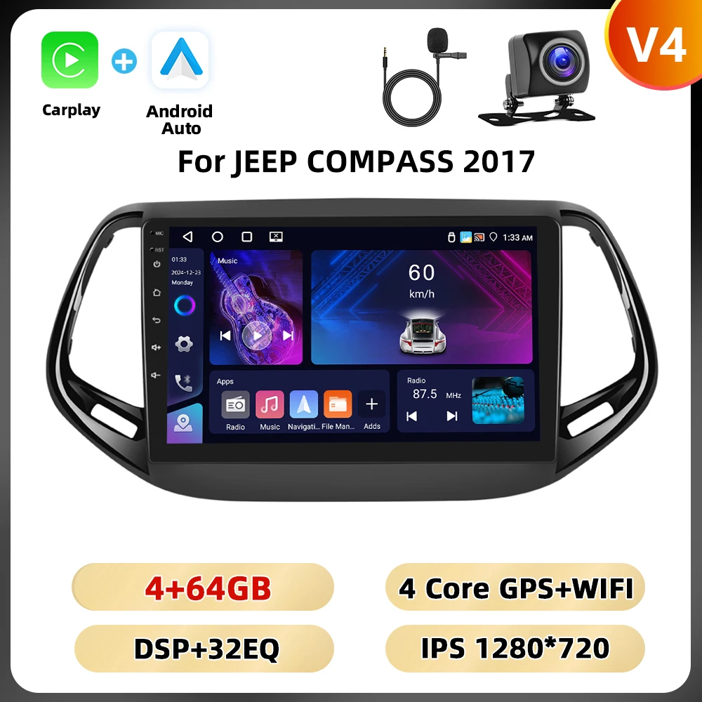 Podofo Gps Wifi 4G Auto Audio Voor Jeep Kompas 2017 Multimedia Speler Bluetooth Carplay Android Auto 8Core Fm Rds Dsp Autoradio