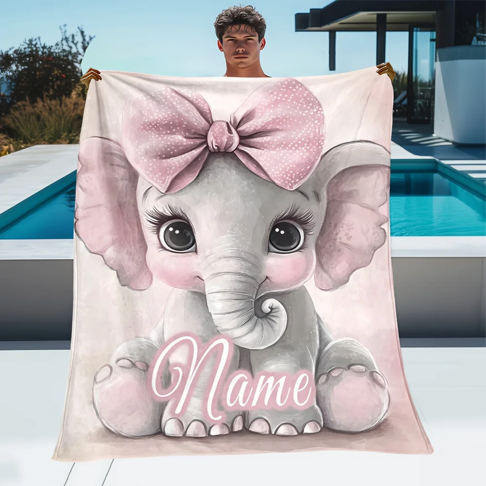 

Personalized Pink Elephant Flannel Throw Blanket - Custom Name Soft Lightweight All-Season Blanket for Sofa, Bed, Travel