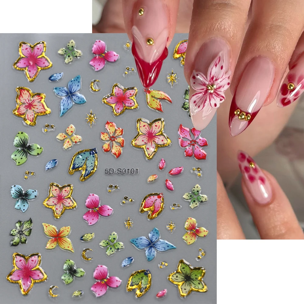 5D Bronzing Gold Hibiscus Flower Nail Stickers Embossed Colorful Metal Lily Floral Nail Decals Soft Gel Leopard Lily Nail Charms
