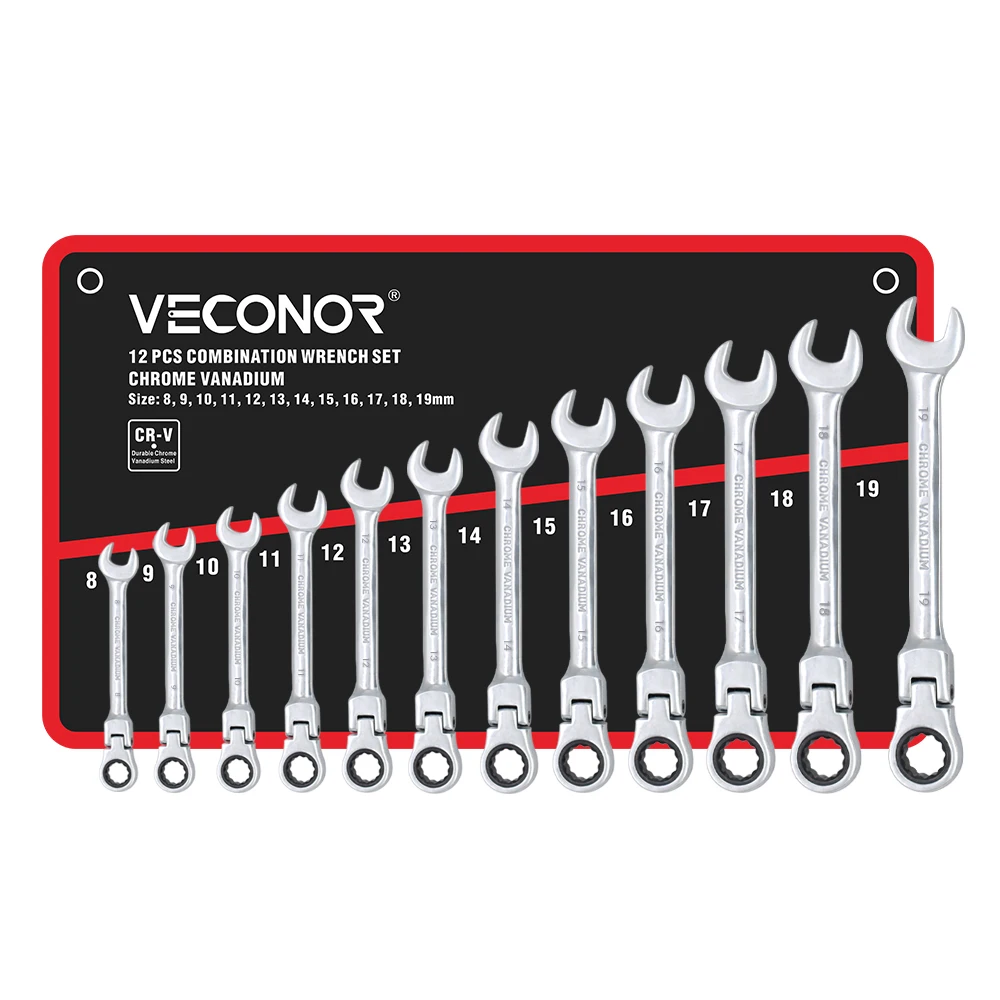 8-19mm 12PCS Ratchet Wrench Set of Keys Spanner Hand Tools Chrome Vanadium Steel 72 Tooth Matte Polish Flexible Head