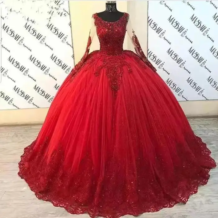 

ANGELSBRIDEP Red Quinceanera Dresses Ball Gown Sheer Long Sleeves Sequins Beaded Sparkle Mexican Sweet 16 Dresses 15 Anos HOT