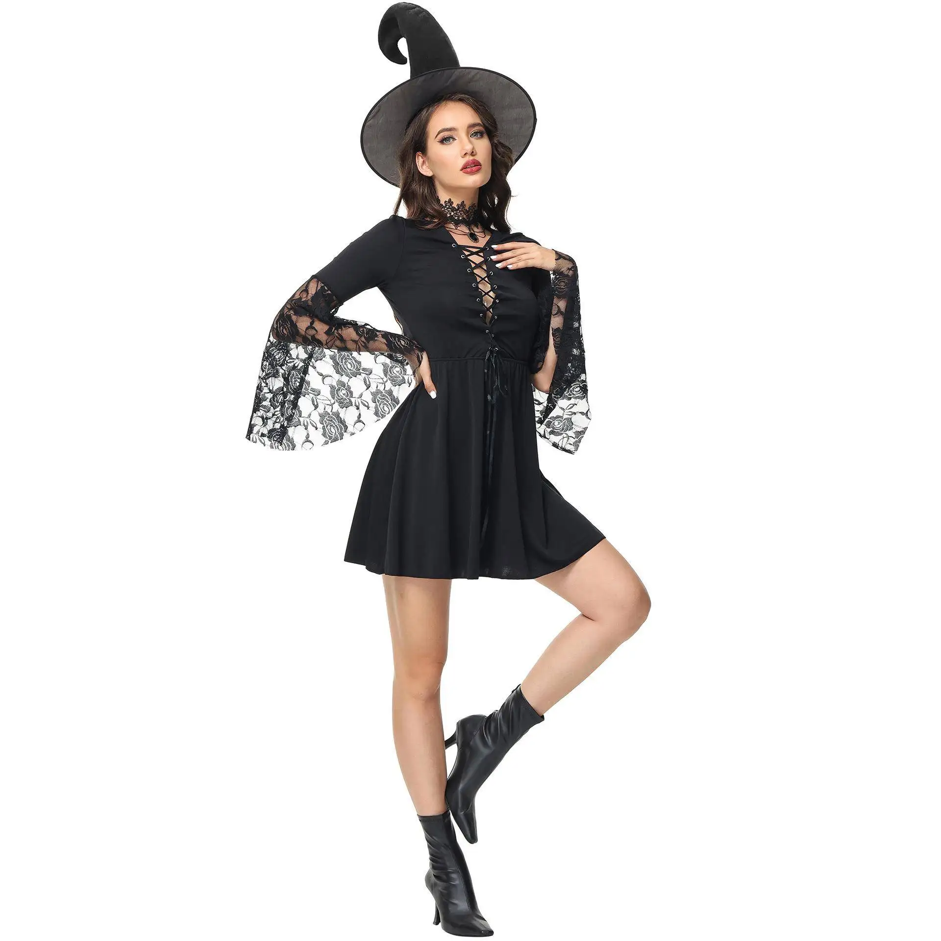 

loween k Gothic Witch Costume Hollow out Lace Sorcer Magician Women's Role Play Cosplay Stage Performance Clothing