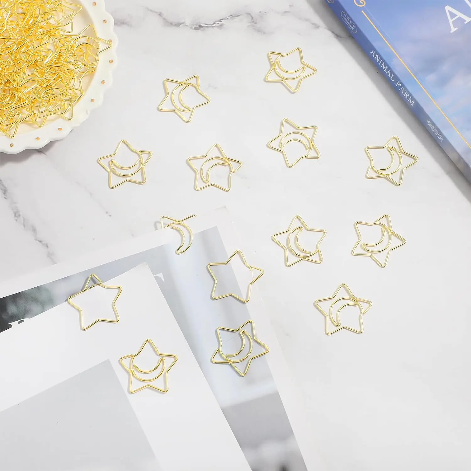 30PCS Decorative Paper Clips Creative Metal Moon and Star Shape Paper Clip Funny Cute Paperclips Gold Moonstar