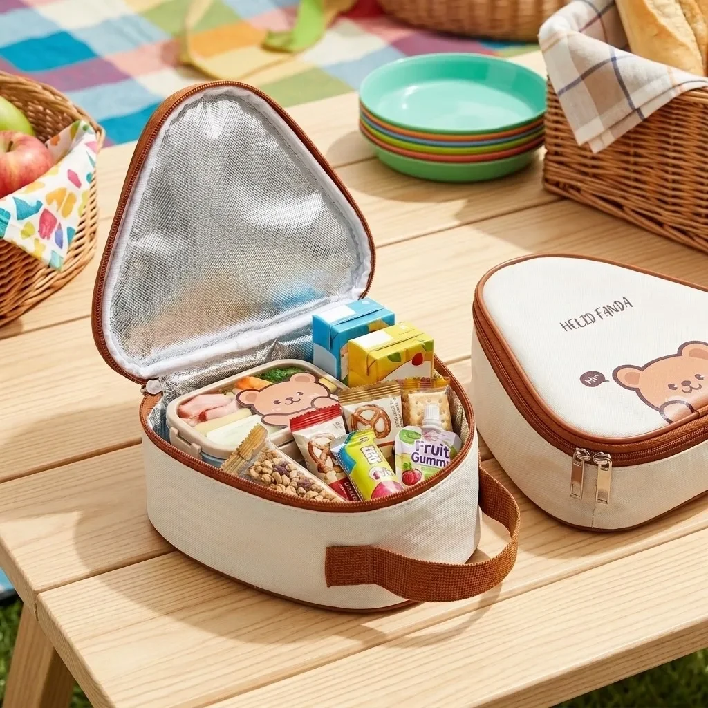 Kawaii Bear Triangle Thermal Lunch Bag Portable Insulated Mini Bento Box Snack Bag Food Storage for Kids School Girls Women