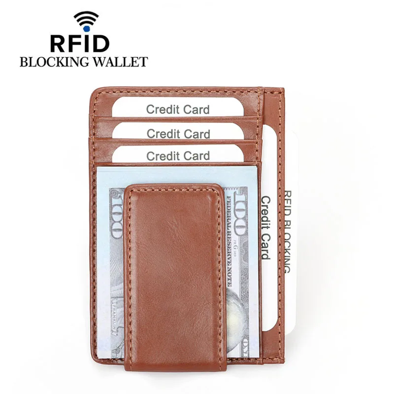 Billetera pequeña de cuero con bloqueo RFID para hombre, billetera delgada, funda para tarjeta de identificación de crédito, monedero, Clip para