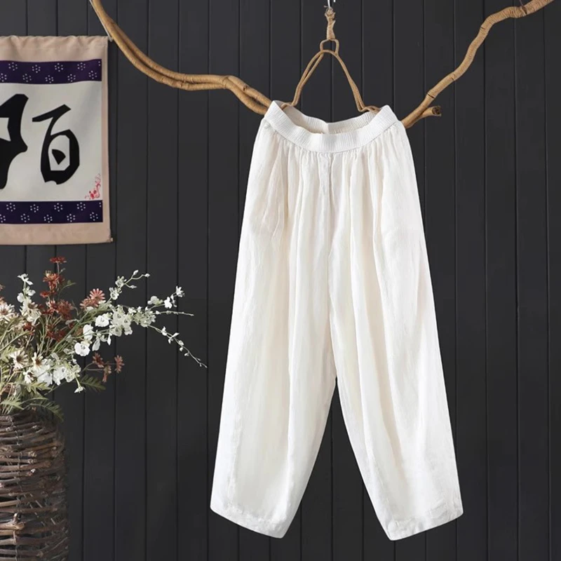 100% Ramee Vrouwen Casual Harembroek Nieuwe Collectie 2025 Zomer Vintage Stijl Effen Kleur Losse Vrouwelijke Enkellange Broek M1735