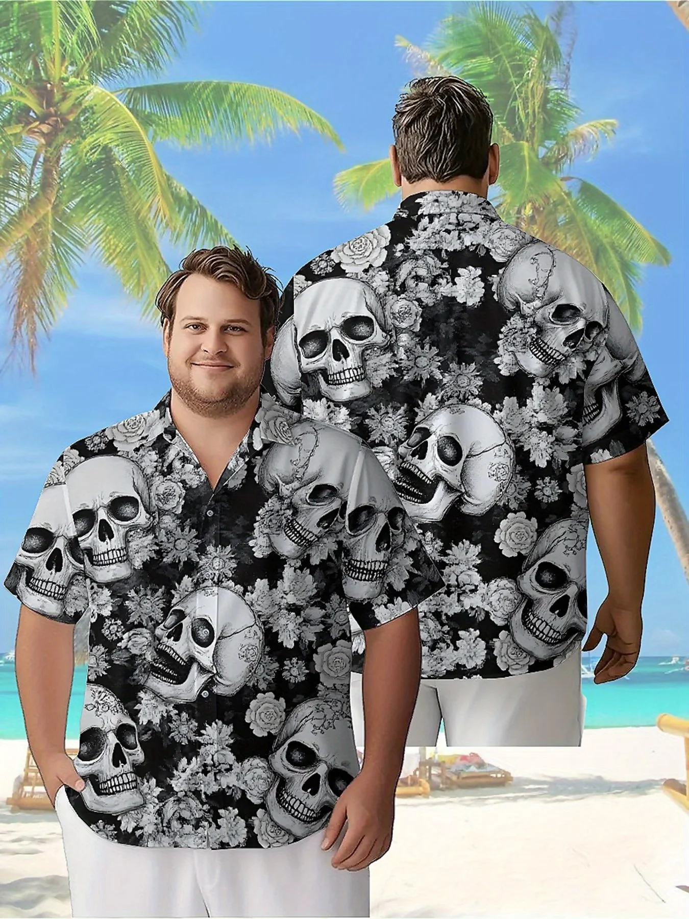 

Men's Plus Size Hawaiian Shirts Skull and Roses Pattern, Summer Casual Tops, Outdoor and Party, Streetwear