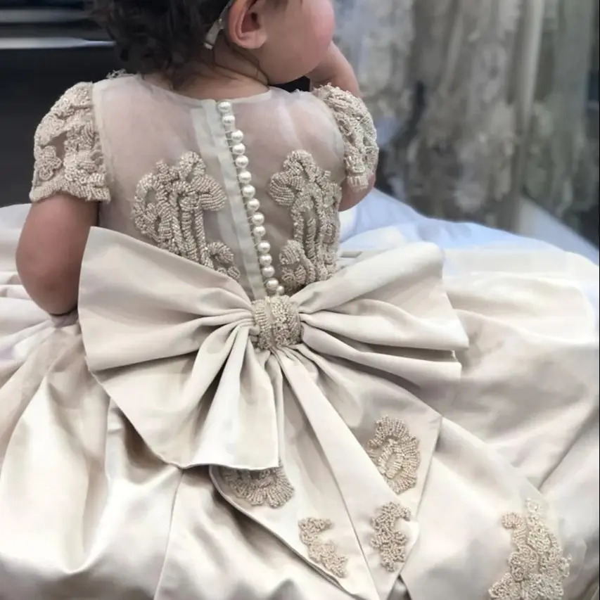 

FATAPAESE Made to Order Flower Girl Dress Pearl Gowns Intricately Beaded Lace Bodice and Beautifully Voluminous Gathered Skirt.