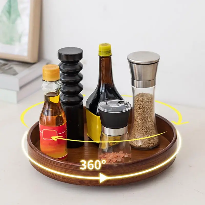 Lazy Susan Round Serving Tray Acacia Wood 4 Sections Wooden Dividers, Hand Grips, Wood Turntable Rotating Organizer, Turntable
