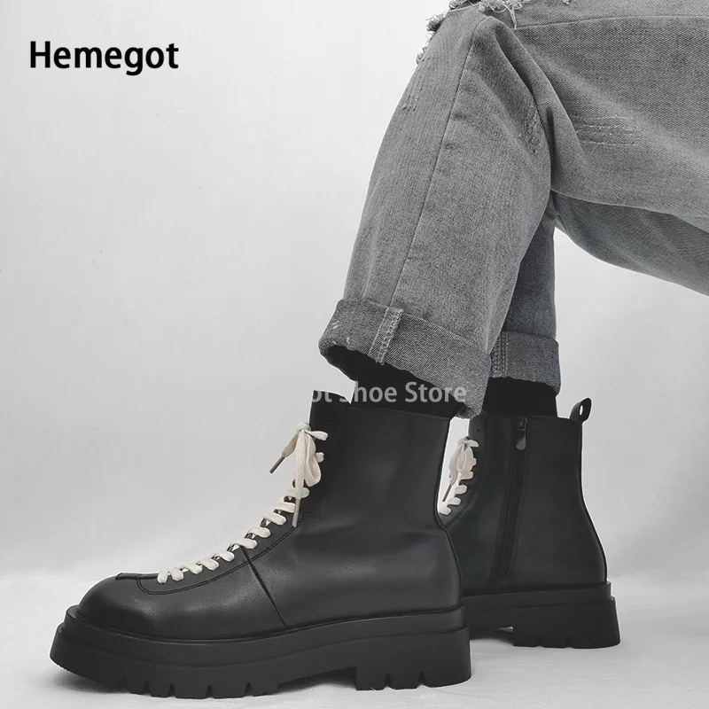 Black High-Top Platform Boots Men's Street Style Leather Side Zip Lace-Up Cool Rider Biker Boot Work Shoes New In Shoe for Males