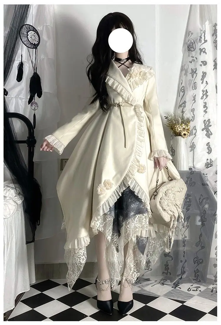 Japan Coat Retro Women Lace Trim Lace-Up High Low Steampunk Victorian Gothic Halloween Slit Ruffled Hem Printed Tight Dress