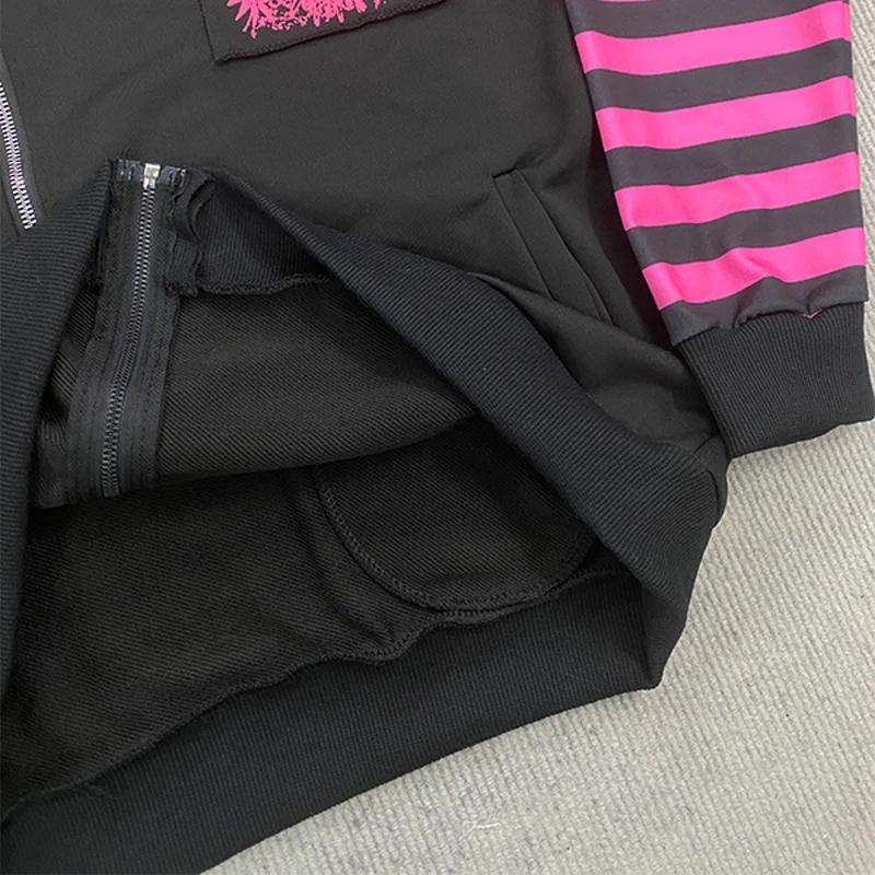 

2026 Dark Pink Black Punk Skeleton Printed Striped Sleeve Hoodie Street Style Women's Zipper cardigan Wholesale Women's Clothing
