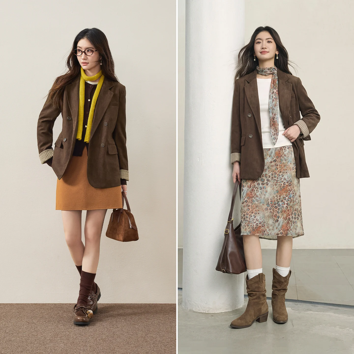 SENTUBILA Women's Suede Casual Blazer Notched Lapel Loose Mid Length Outerwear 2026 Autumn New Brown Ladies Coat W63XC8300