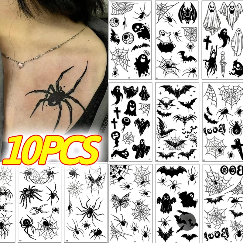 10pcs Spider Web Tattoo Stickers for Halloween Disposable Temporary Tattoos for Men Women Face Makeup Body Art Decration Tattoos