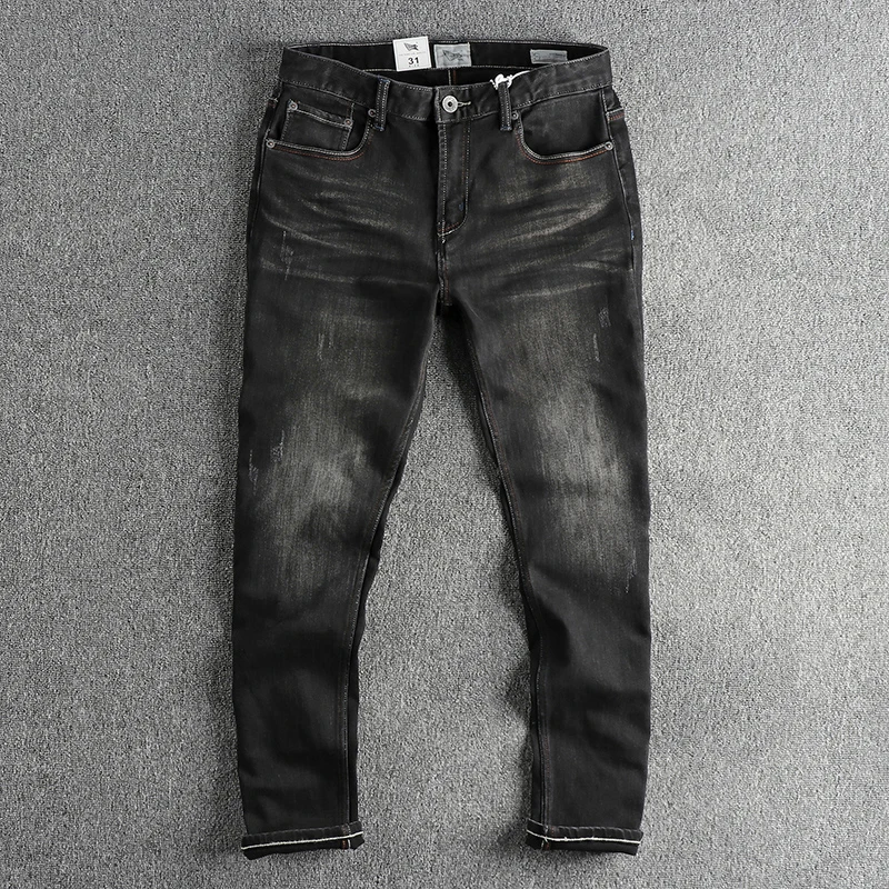 

Heavyweight Black Denim Jeans for Men 84% Cotton American Spring Vintage Distressed Washed Pants Youth Male Slim Fit Trousers