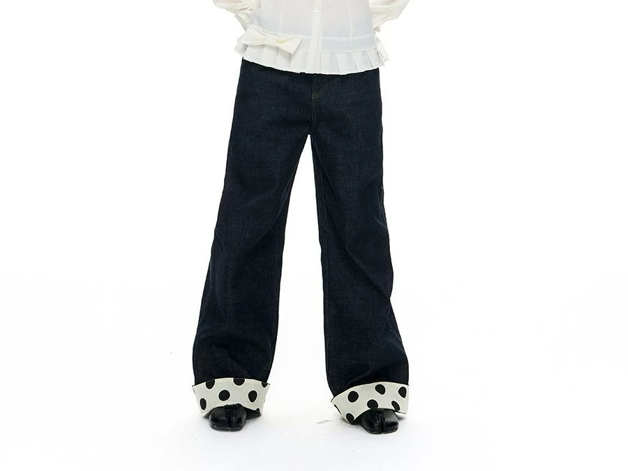 Polka Dot Splicing Loose Straight Jeans Flanged Design Casual Trousers Temperament Pants Wide-leg Trousers