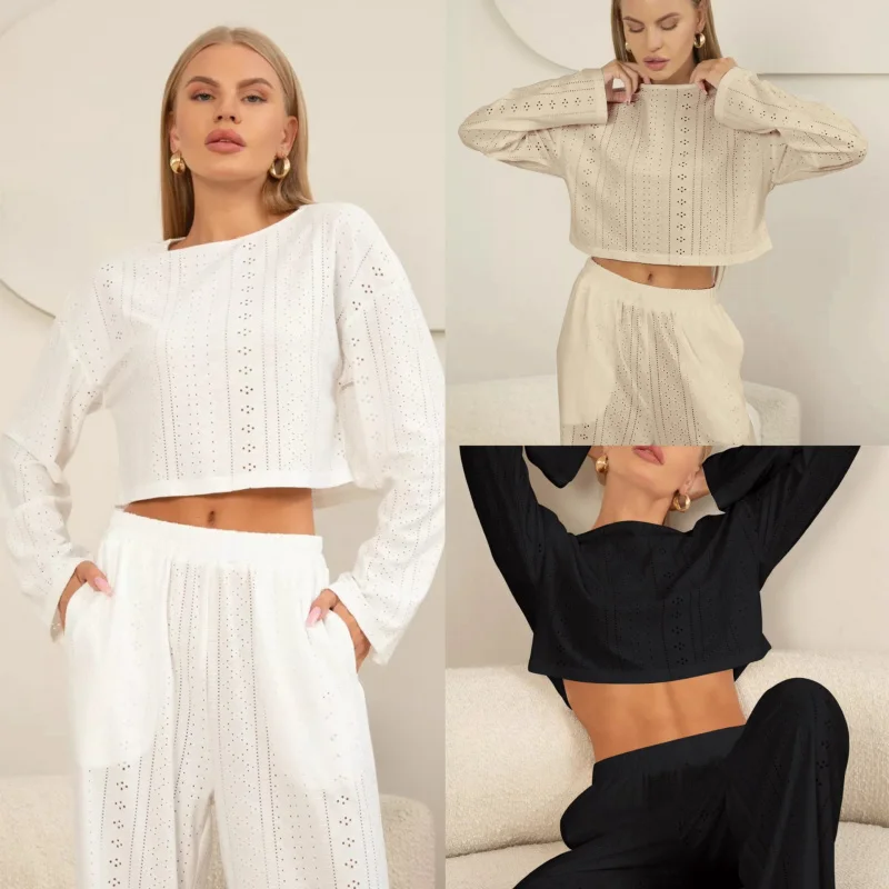 

2Loose Casual Women's Solid Color Pajamas Hollow Jacquard Long Sleeve Long Pants Wearable Fashion Homewear