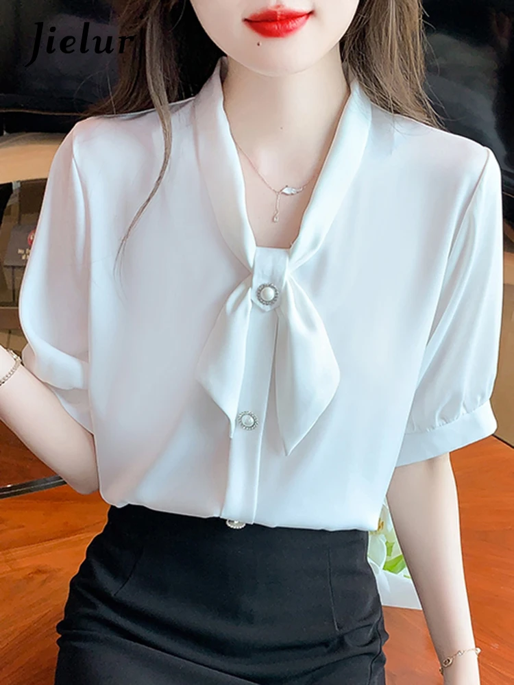 

Jielur Летняя женская рубашка с пышными рукавами и бантом, однотонная НОВАЯ шикарная модная женская рубашка на пуговицах, элегантная женская офисная рубашка в Корейском стиле