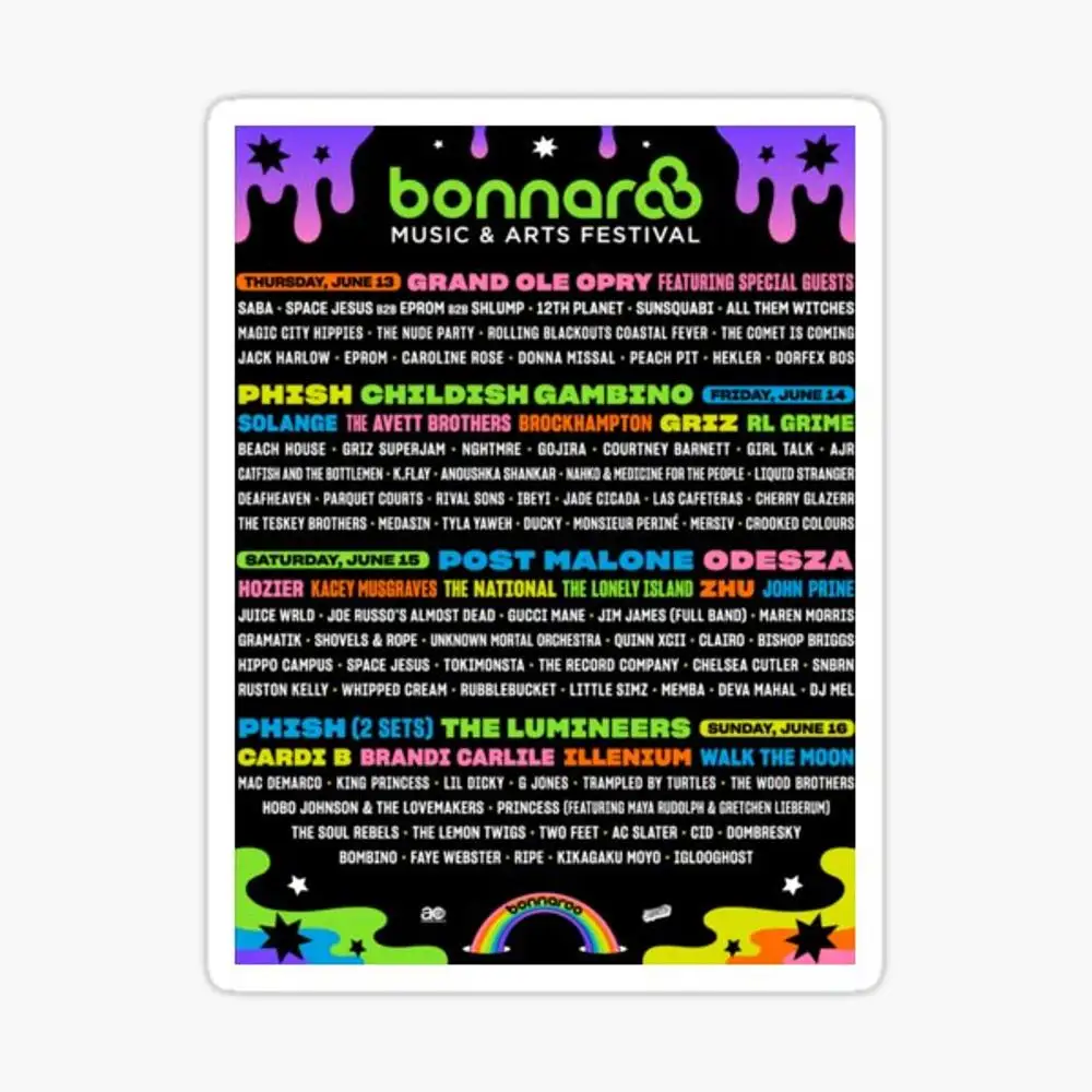 Bonnaroo 2019 ملصق لاصق لأجهزة الكمبيوتر المحمول ديكور غرفة نوم سيارة لطيف الكرتون الفن المألوف حقيبة العامة