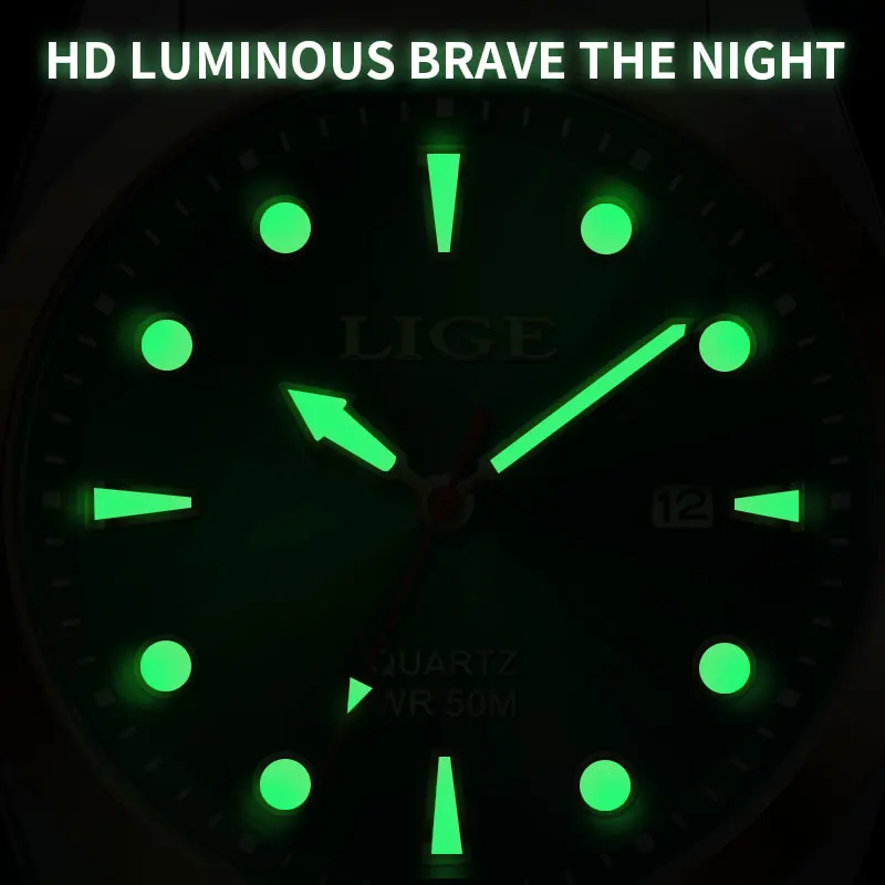 LIGE Fashion Top Brand Luxury Watch Men 50M Luminous Waterproof Watch Green Stainless Steel Sport Mens Watches Date Quartz Clock