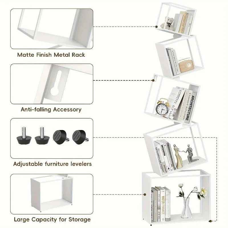 Modern 5-Tier Bookshelf White Metal Bookshelf 73 Inch High Book Rack Home Office Storage Organizer for Books & Supplies