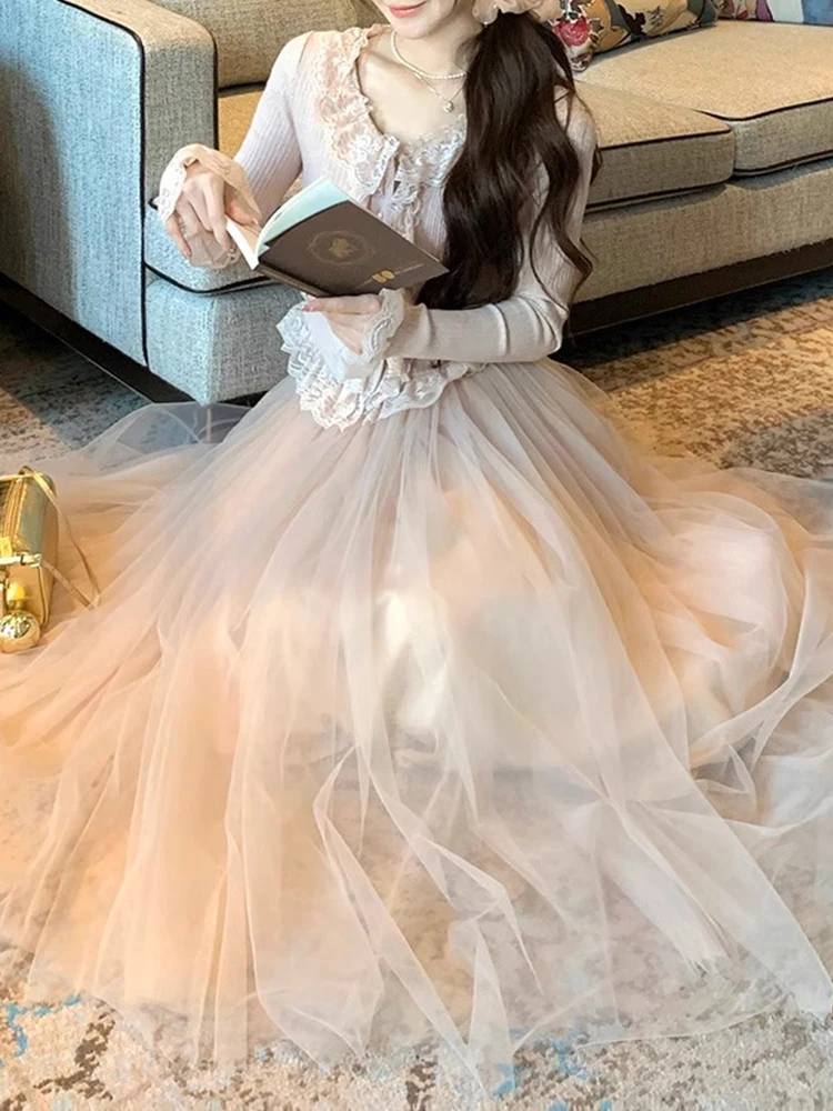 Primavera 2025 renda guarnição fino ajuste superior e me saia conjunto de duas peças vento suave nova chegada longo sve fibra poliéster faion conjunto