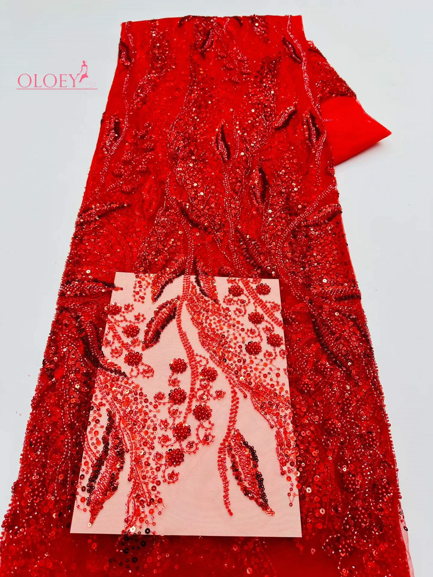 

Африканское кружево OLOEY с пайетками 2026: высококачественная роскошная красная французская сетчатая ткань с бисером для женских свадебных и вечерних платьев, шитья, 5 ярдов