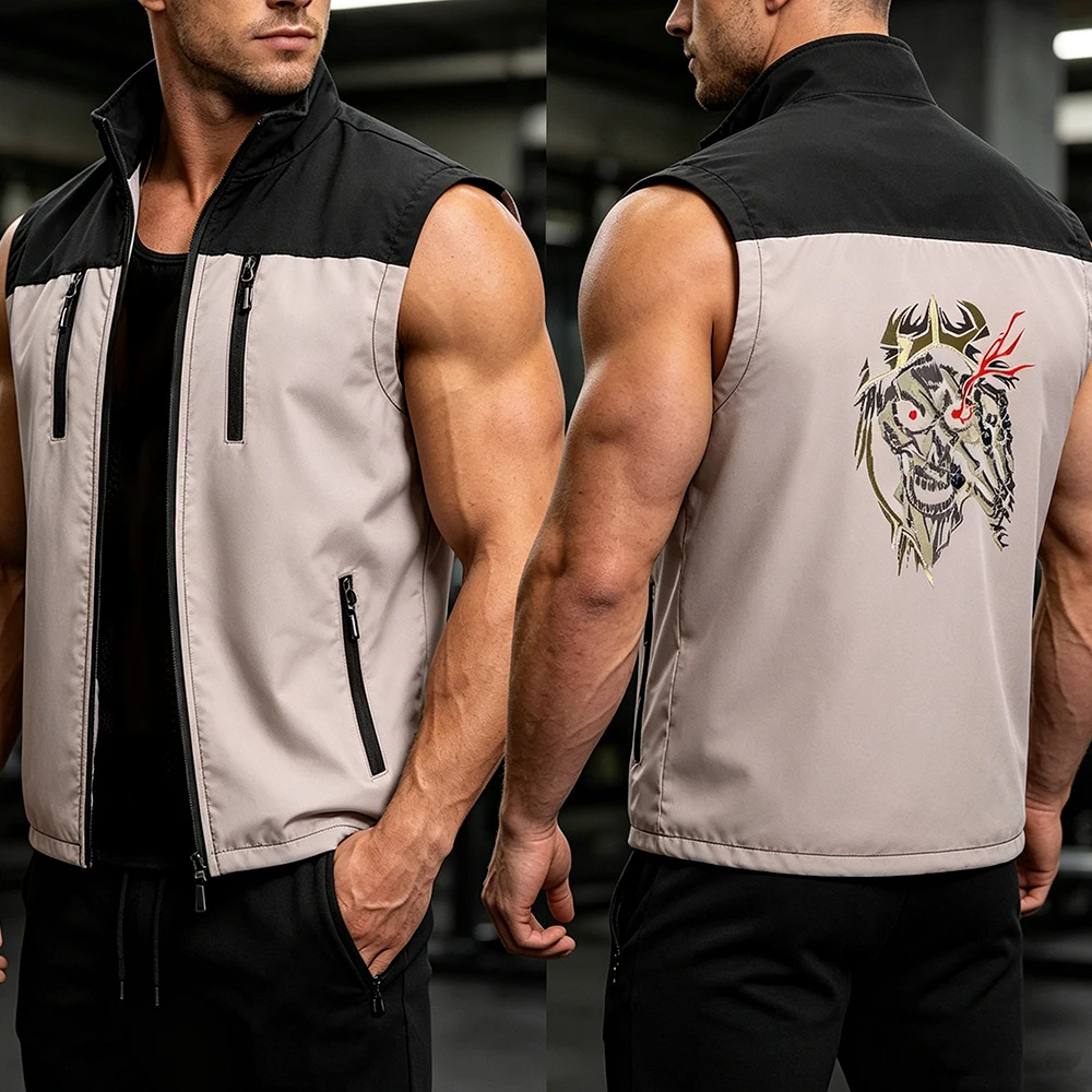 

Men's Black Sleeveless Tactical Vest Jacket Gothic Skull Graphic Outdoor Casual Utility Streetwear Multi-Zipper Pocket Waistcoat