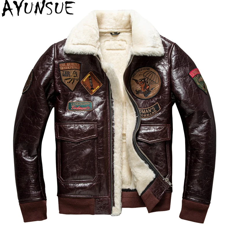 AYUNSUE Winter-Lederjacke für Herren, verdickte Bomberjacke, natürliches Schaffellfell, Herrenbekleidung, Wollfutter, Geniusж EstatUSI