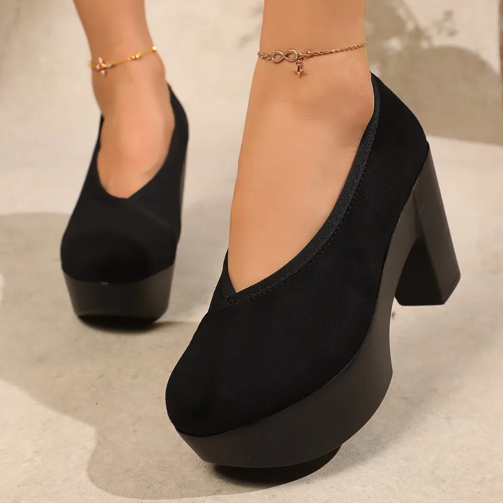 Black Suede High-heeled Shoes for Women, 2026 New Large Size, Thick Heel, Round Toe, Sexy V-neck Fashion Single Shoes Women