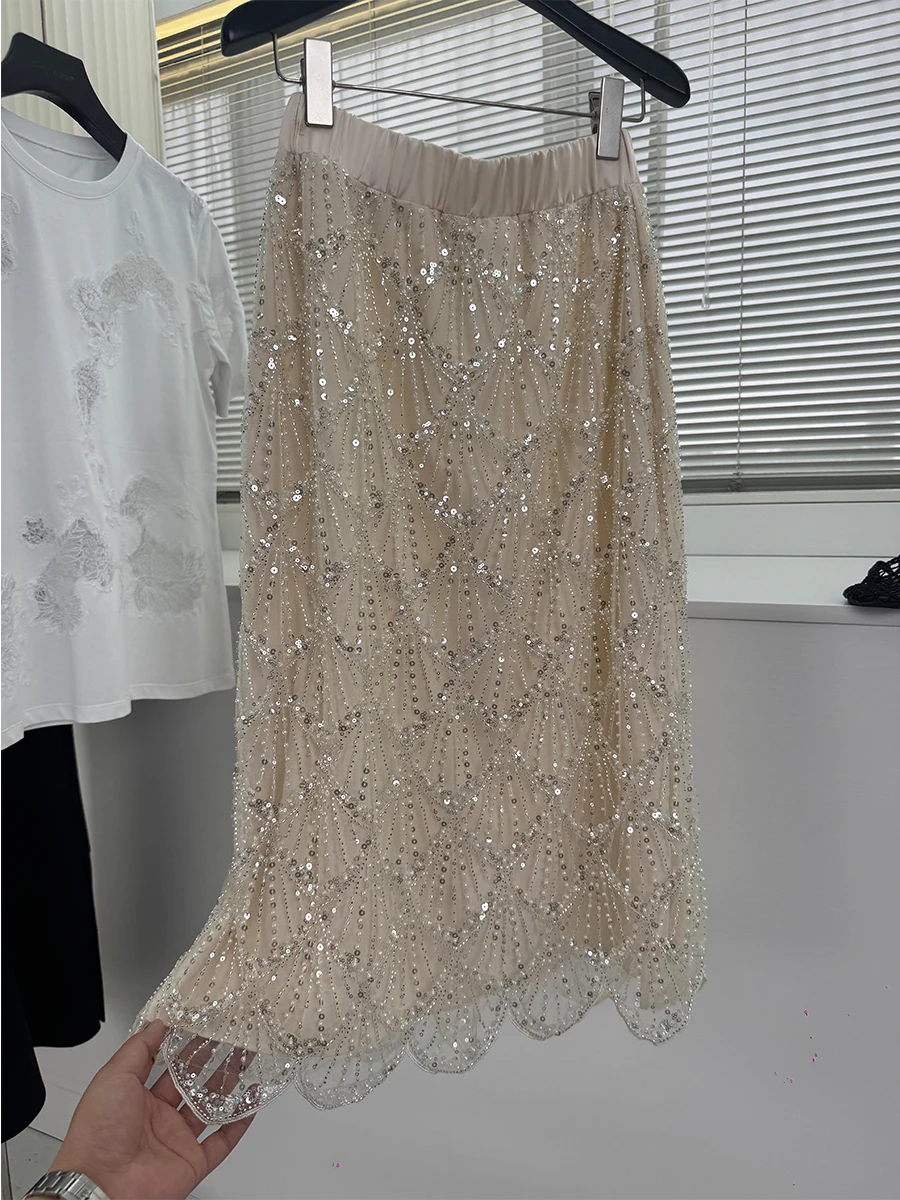 

Elegant Artistic Embroidered Diamond Studded Hollow out Split Half Skirt Luxury Light Weight Beaded High Quality Midi Skirt