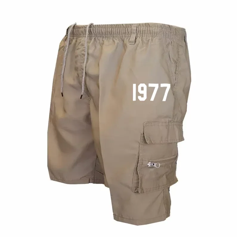 Men's Cargo Shorts Elastic Drawstring Waist Multi Pocket 1977 Number Print Summer Casual Outdoor Short Pants