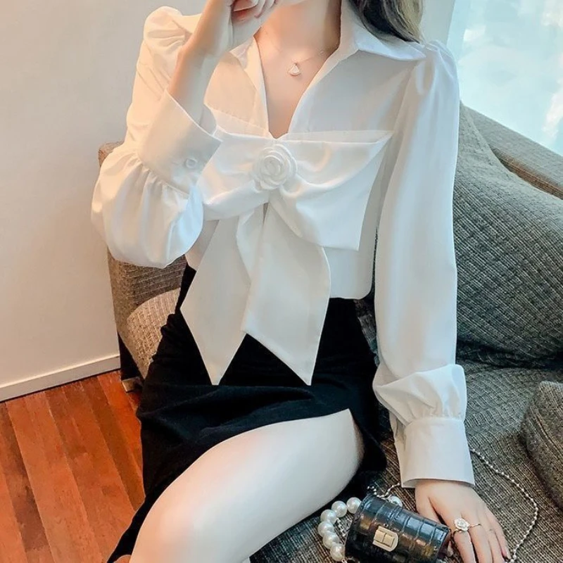 Bow Patchwork Polo Neck Long Sleeve Blouse Spring Autumn New Solid Temperament Korean Shirt Tops Sweet Fashion Women Clothing