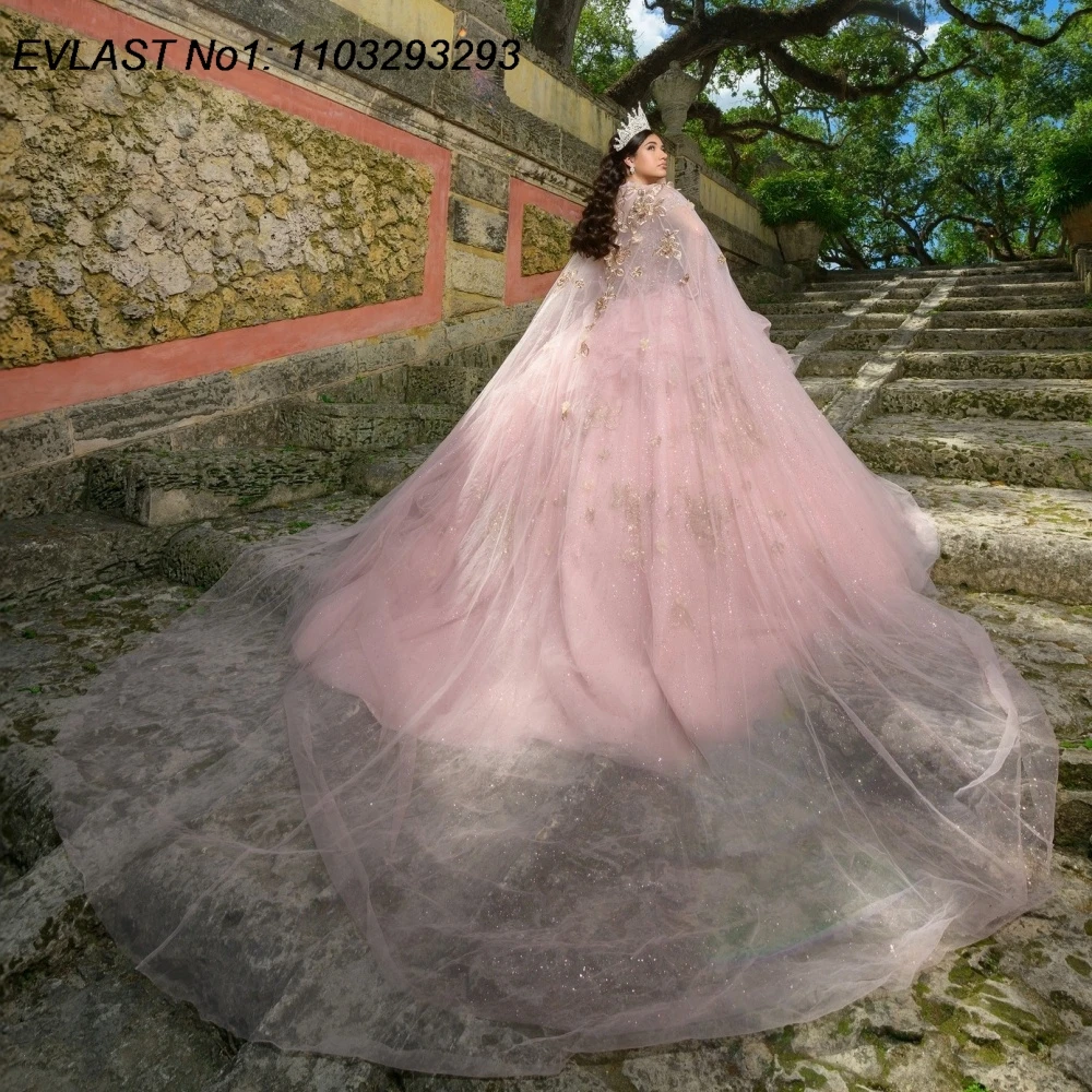 

EVLAST блестящее розовое бальное платье Quinceanera по индивидуальному заказу, золотистая кружевная накидка с аппликацией и бисером, Sweet 16, Vestidos De 15 Anos E1QN207