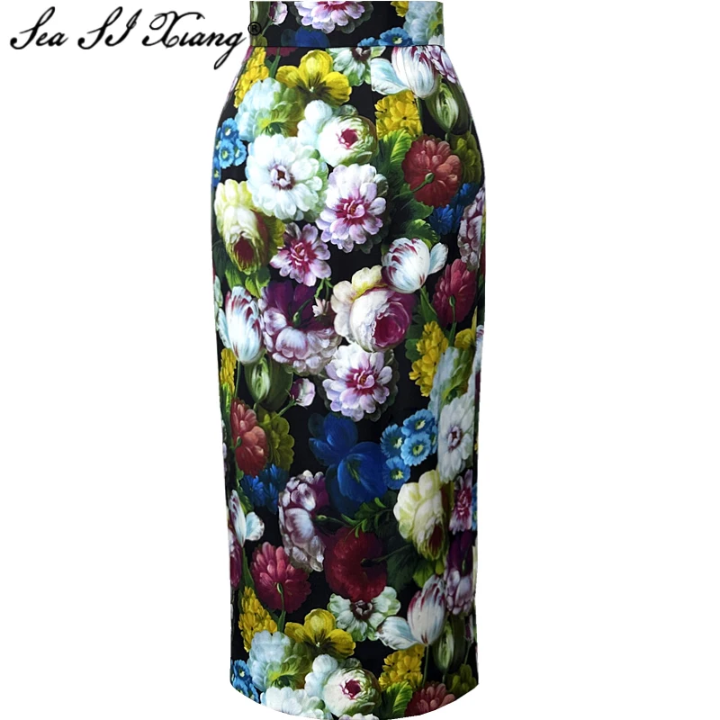 

Seasixiang Fashion Designer Spring Summer Silk Pencil Skirt Women High Waiste Floral Print Vintage Party Split Pencil Skirt