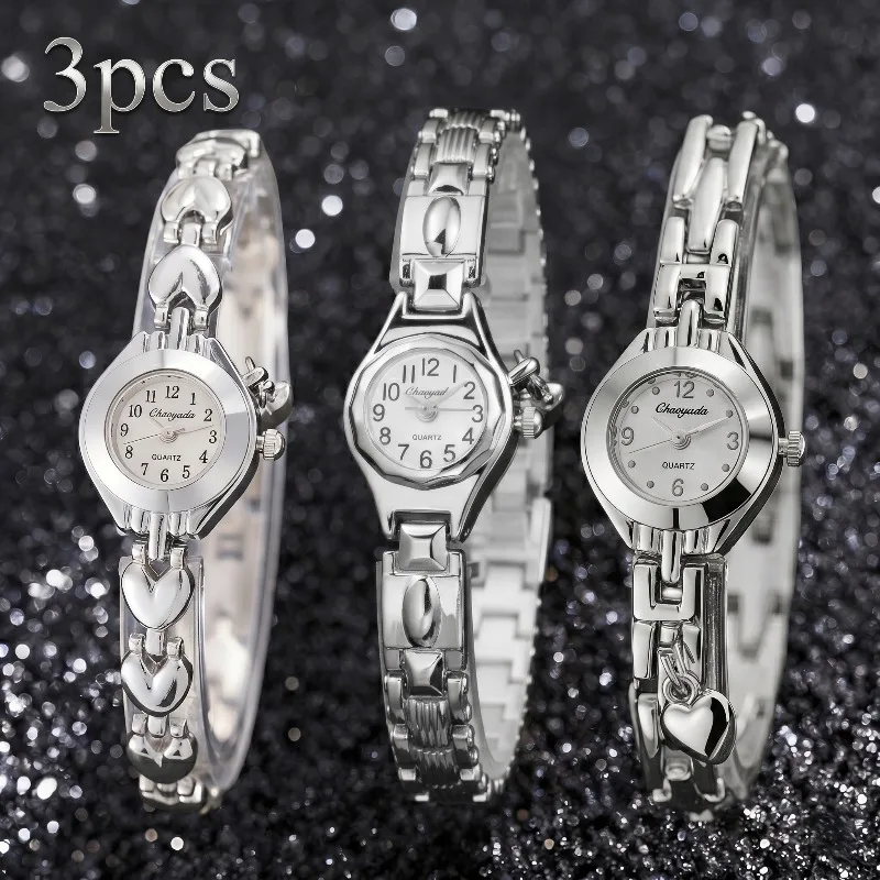 3pcs Women Watches Set Fashion Luxury Heart-shaped Alloy Strap Quartz Watch for Woman Retro Elegant Ladies Wristwatch Clock Gift